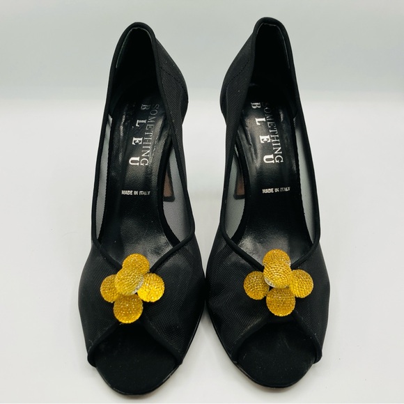 Something Bleu Black Mesh Gold Yellow Ball Pump Heels Peep Toe Italy Size 7 - Picture 14 of 16